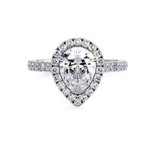 Bague Odéon Diamant Poire, halo de diamants de laboratoire, or blanc 18 carats ou platine 950 — Maison Laveran Paris