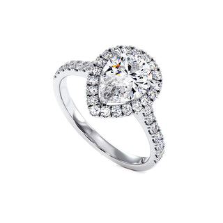 Bague Odéon Diamant Poire, halo de diamants de laboratoire, or blanc 18 carats ou platine 950 — Maison Laveran Paris
