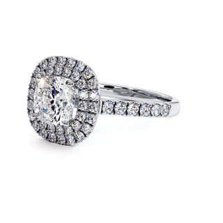 Bague Odéon Double Halo Coussin, diamants de laboratoire, or blanc 18 carats ou platine 950 — Maison Laveran Paris