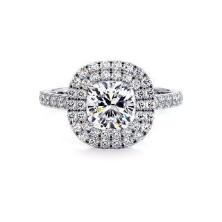 Bague Odéon Double Halo Coussin, diamants de laboratoire, or blanc 18 carats ou platine 950 — Maison Laveran Paris