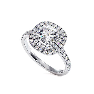 Bague Odéon Double Halo Coussin, diamants de laboratoire, or blanc 18 carats ou platine 950 — Maison Laveran Paris