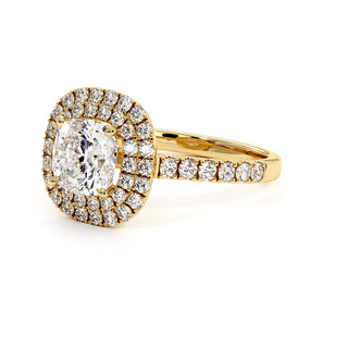 Bague Odéon Double Halo Coussin, diamants de laboratoire, or jaune 18 carats — Maison Laveran Paris