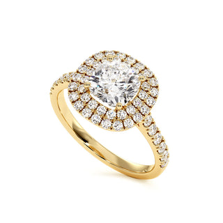 Bague Odéon Double Halo Coussin, diamants de laboratoire, or jaune 18 carats — Maison Laveran Paris