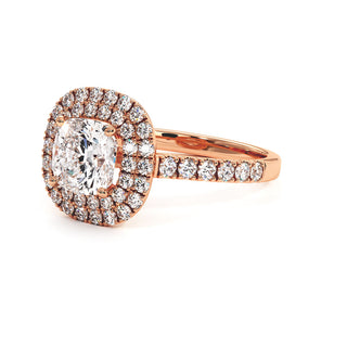 Bague Odéon Double Halo Coussin, diamants de laboratoire, or rose 18 carats — Maison Laveran Paris
