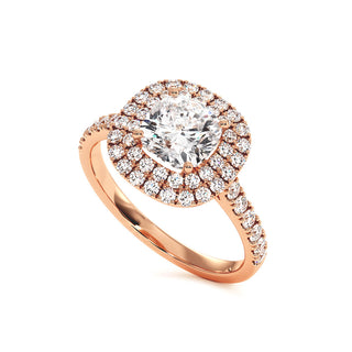 Bague Odéon Double Halo Coussin, diamants de laboratoire, or rose 18 carats — Maison Laveran Paris