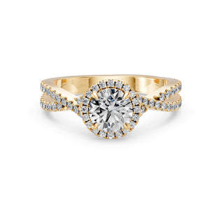 Bague de fiançailles Alma, solitaire diamant rond, halo et jonc entrelacé pavé, or jaune 18 carats — Maison Laveran Paris