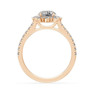 Bague de fiançailles Bastille, solitaire diamant rond, halo fleur et jonc pavé, or rose 18 carats — Maison Laveran Paris
