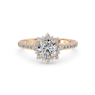 Bague de fiançailles Bastille, solitaire diamant rond, halo fleur et jonc pavé, or rose 18 carats — Maison Laveran Paris