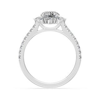Bague de fiançailles Bastille, solitaire diamant rond, halo fleur et jonc pavé, or blanc 18 carats ou platine 950 — Maison Laveran Paris