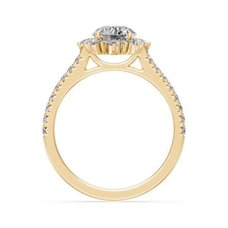 Bague de fiançailles Bastille, solitaire diamant rond, halo fleur et jonc pavé, or jaune 18 carats — Maison Laveran Paris