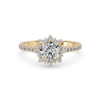 Bague de fiançailles Bastille, solitaire diamant rond, halo fleur et jonc pavé, or jaune 18 carats — Maison Laveran Paris