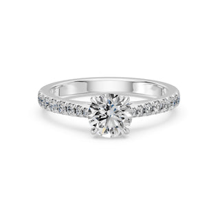 Bague de fiançailles Solitaire Cadet, diamant rond sur monture cathédrale quatre griffes, or blanc 18 carats ou platine 950 — Maison Laveran Paris