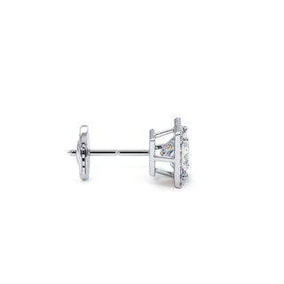 Boucles d'Oreilles Odéon Diamant Princesse, halo de diamants de laboratoire, or blanc 18 carats ou platine 950 — Maison Laveran Paris