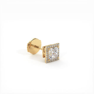 Boucles d'Oreilles Odéon Diamant Princesse, halo de diamants de laboratoire, or jaune 18 carats — Maison Laveran Paris
