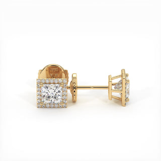 Boucles d'Oreilles Odéon Diamant Princesse, halo de diamants de laboratoire, or jaune 18 carats — Maison Laveran Paris