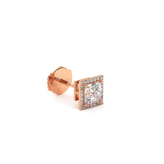 Boucles d'Oreilles Odéon Diamant Princesse, halo de diamants de laboratoire, or rose 18 carats — Maison Laveran Paris