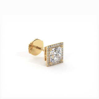 Boucles d'Oreilles Odéon Diamant Princesse, halo de diamants de laboratoire, or jaune 18 carats — Maison Laveran Paris