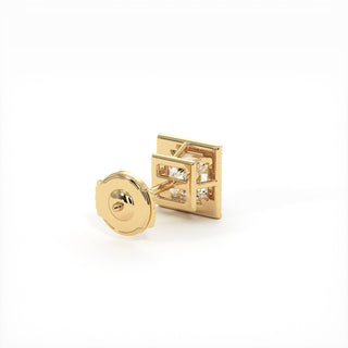 Boucles d'Oreilles Odéon Diamant Princesse, halo de diamants de laboratoire, or jaune 18 carats — Maison Laveran Paris