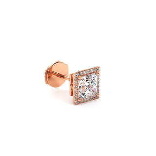 Boucles d'Oreilles Odéon Diamant Princesse, halo de diamants de laboratoire, or rose 18 carats — Maison Laveran Paris