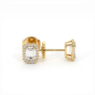 Boucles d'Oreilles Odéon Diamant Taille Émeraude, halo de diamants de laboratoire, or jaune 18 carats — Maison Laveran Paris