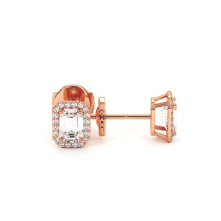 Boucles d'Oreilles Odéon Diamant Taille Émeraude, halo de diamants de laboratoire, or rose 18 carats — Maison Laveran Paris