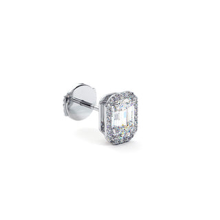 Boucles d'Oreilles Odéon Diamant Taille Émeraude, halo de diamants de laboratoire, or blanc 18 carats ou platine 950 — Maison Laveran Paris