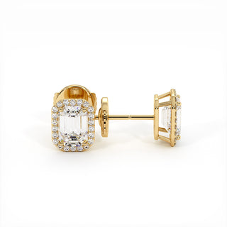 Boucles d'Oreilles Odéon Diamant Taille Émeraude, halo de diamants de laboratoire, or jaune 18 carats — Maison Laveran Paris