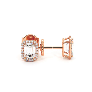Boucles d'Oreilles Odéon Diamant Taille Émeraude, halo de diamants de laboratoire, or rose 18 carats — Maison Laveran Paris
