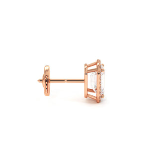 Boucles d'Oreilles Odéon Diamant Taille Émeraude, halo de diamants de laboratoire, or rose 18 carats — Maison Laveran Paris