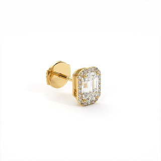 Boucles d'Oreilles Odéon Diamant Taille Émeraude, halo de diamants de laboratoire, or jaune 18 carats — Maison Laveran Paris
