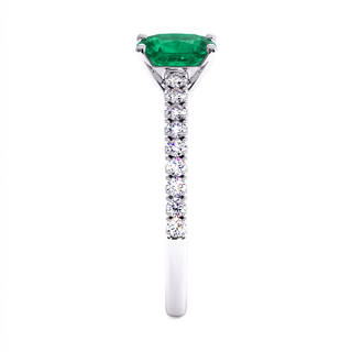 Montaigne Ring, cushion-cut synthetic emerald (lab-created stone), profile view, 18k white gold or 950 platinum — Maison Laveran Paris