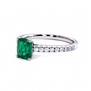 Montaigne Ring, cushion-cut synthetic emerald (lab-created stone), three-quarter view, 18k white gold or 950 platinum — Maison Laveran Paris