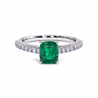 Montaigne Ring, cushion-cut synthetic emerald (lab-created stone), 18k white gold or 950 platinum — Maison Laveran Paris