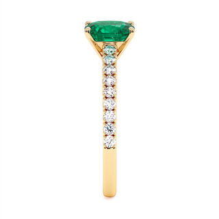 Montaigne Ring, cushion-cut synthetic emerald (lab-created stone), profile view, 18k yellow gold — Maison Laveran Paris