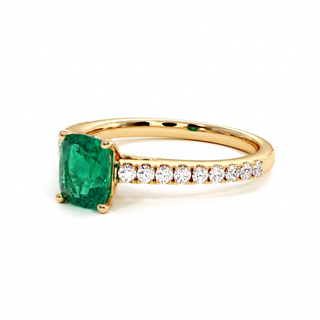 Montaigne Ring, cushion-cut synthetic emerald (lab-created stone), three-quarter view, 18k yellow gold — Maison Laveran Paris