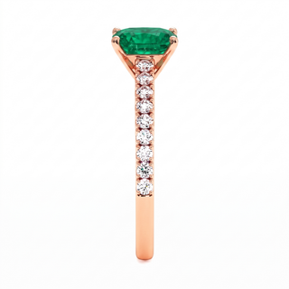 Montaigne Ring, cushion-cut synthetic emerald (lab-created stone), profile view, 18k rose gold — Maison Laveran Paris