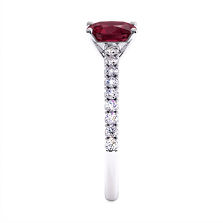 Montaigne Ring, cushion-cut synthetic ruby (lab-created stone), profile view, 18k white gold or 950 platinum — Maison Laveran Paris