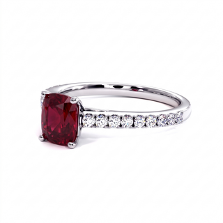 Montaigne Ring, cushion-cut synthetic ruby (lab-created stone), three-quarter view, 18k white gold or 950 platinum — Maison Laveran Paris