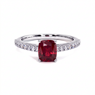 Montaigne Ring, cushion-cut synthetic ruby (lab-created stone), 18k white gold or 950 platinum — Maison Laveran Paris
