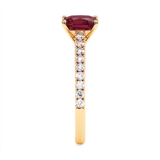 Montaigne Ring, cushion-cut synthetic ruby (lab-created stone), profile view, 18k yellow gold — Maison Laveran Paris