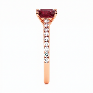 Montaigne Ring, cushion-cut synthetic ruby (lab-created stone), profile view, 18k rose gold — Maison Laveran Paris
