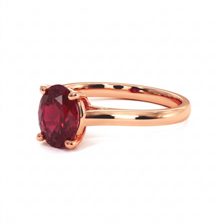 Montaigne Ring, oval synthetic ruby (lab-created stone), three-quarter view, 18k rose gold — Maison Laveran Paris