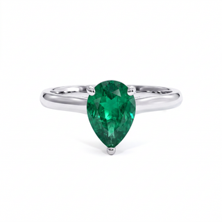 Montaigne Ring, pear-cut synthetic emerald (lab-created stone), 18k white gold or 950 platinum — Maison Laveran Paris