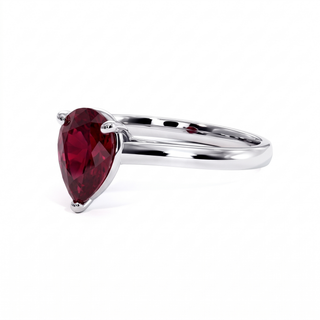 Montaigne Ring, pear-cut synthetic ruby (lab-created stone), three-quarter view, 18k white gold or 950 platinum — Maison Laveran Paris