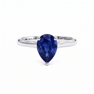 Montaigne Ring, pear-cut synthetic blue sapphire (lab-created stone), 18k white gold or 950 platinum — Maison Laveran Paris