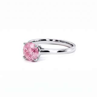 Montaigne Round Ring, pink lab-grown diamond, three-quarter view, 18k white gold or 950 platinum — Maison Laveran Paris