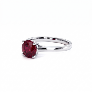 Montaigne Ring, round-cut synthetic ruby (lab-created stone), three-quarter view, 18k white gold or 950 platinum — Maison Laveran Paris