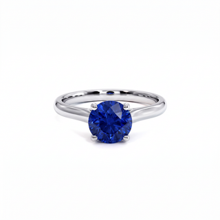 Montaigne Ring, round-cut synthetic blue sapphire (lab-created stone), 18k white gold or 950 platinum — Maison Laveran Paris
