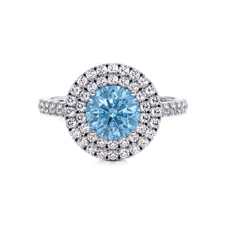 Bague Odéon Double Halo Rond, diamant bleu de laboratoire, or blanc 18 carats ou platine 950 — Maison Laveran Paris