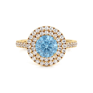Bague Odéon Double Halo Rond, diamant bleu de laboratoire, or jaune 18 carats — Maison Laveran Paris